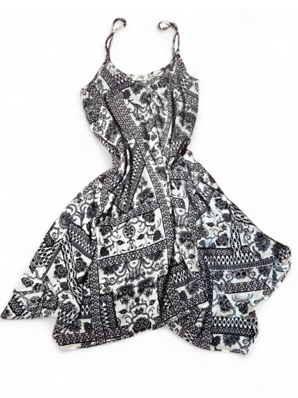 Just In Paisley Handkerchief Hem Cami Dress Black White Boho Small